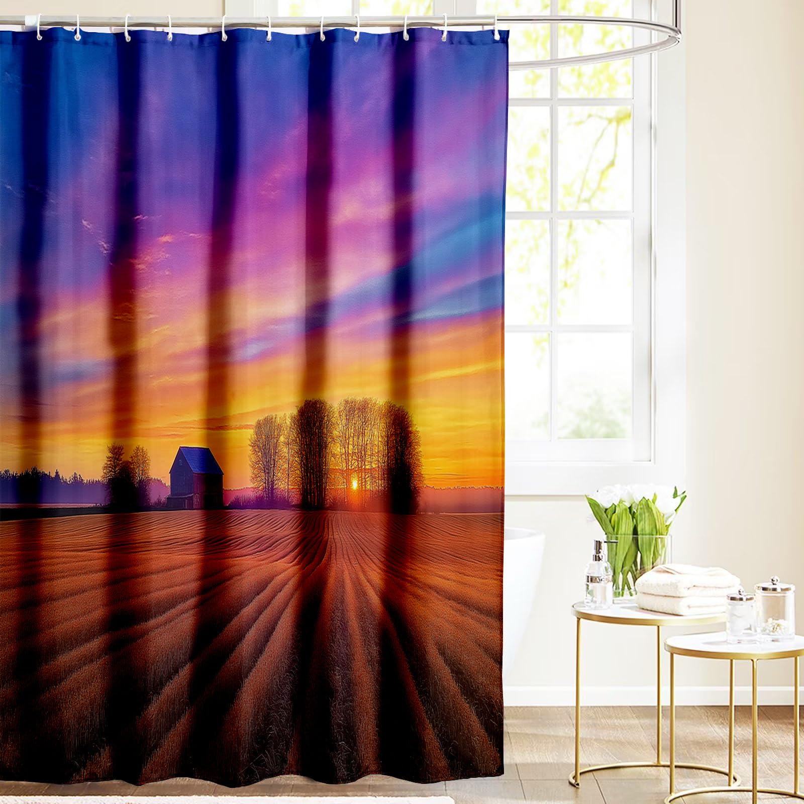 Cortinas de Baño Poliester Lavable, Puesta Sol Naturaleza Cortina de Ducha, Casa Campo Jardín Flores Cortina Ducha 240x200cm, Estampado Cortina Bañera Secado Rápido con 12 x Ganchos