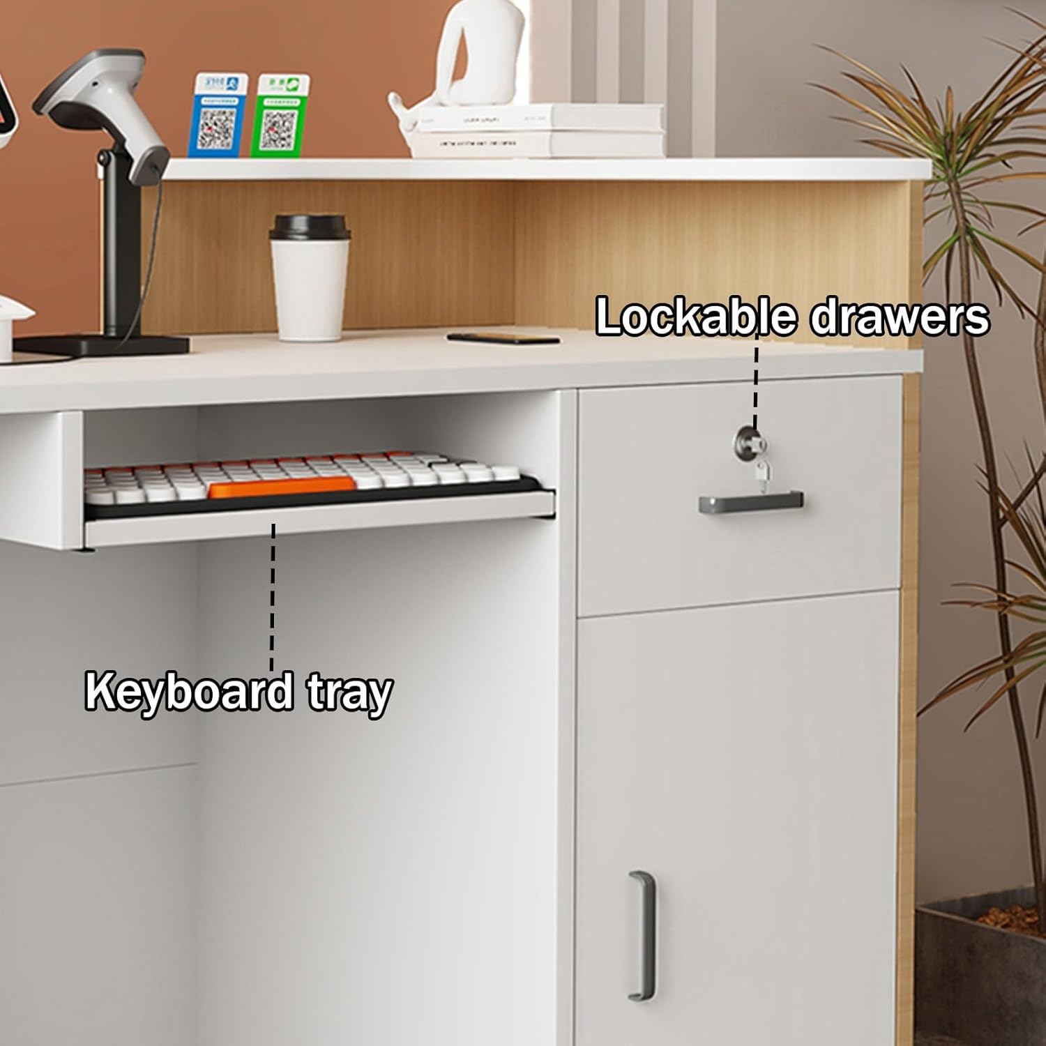 Reception Desk, Great Space Saver Front Counter, Checkout Counter with Lockable Drawer, Front Desk Reception for Home Office and Office(Orange,80cm/31.4in)