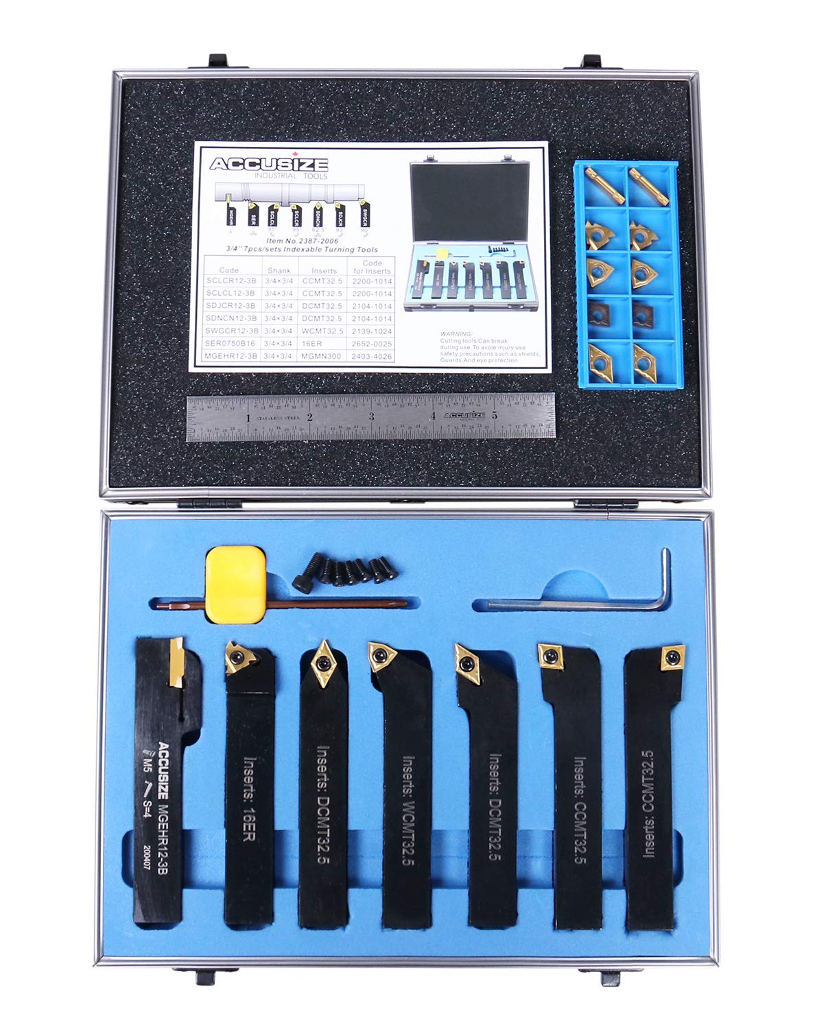 Accusize Industrial Tools 3/4" Shank 7‑Piece Indexable Turning Tool Set with Extra Inserts, TiN‑Coated C6, 2387-2006PLUS