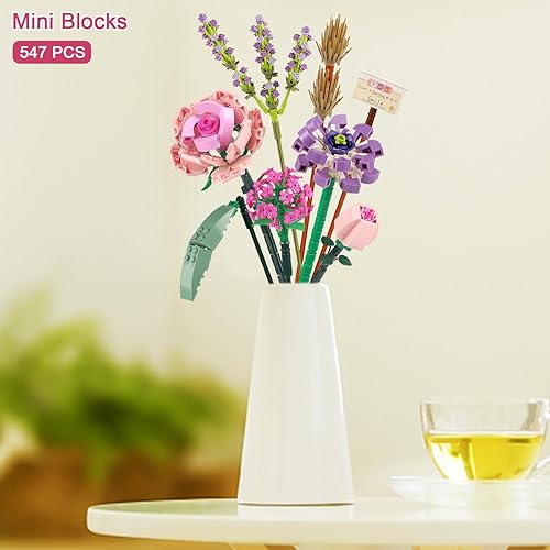 Miniatura 2 de Chodia Bloques de construcción de ramo de flores, mini juegos de ladrillos de rosa rosa, kits de juguetes creativos, kit de San Valentín, día de la