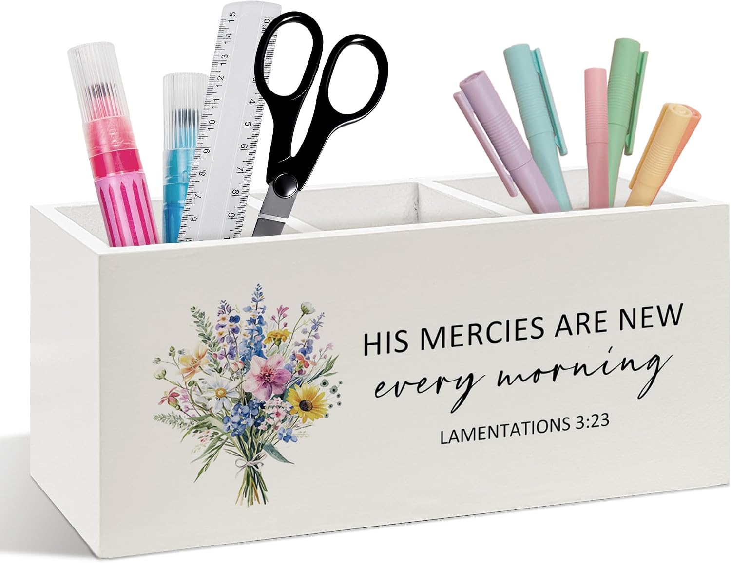 Christian Floral Pen Pencil Holder for Desk, Christian Gifts for Women, Bible Verse Decor, His Mercies Are New Every Morning Wooden Desk Pen Pencil Holder Organizer for Home Office Decor