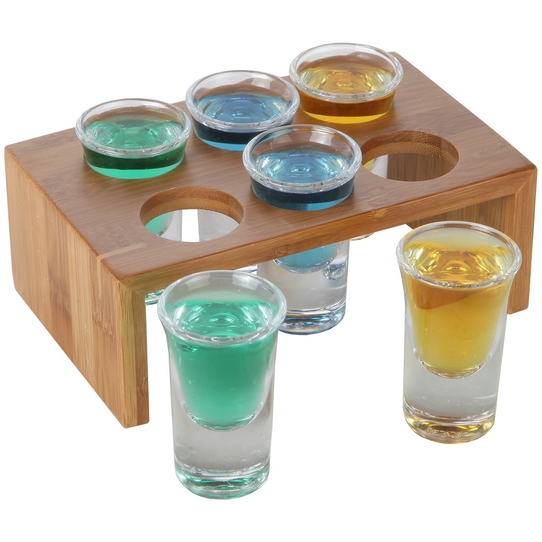 Lily's Home Bamboo Shot Glass Holder Set with 6 Crystal Clear Shot Glasses, Easy to Carry and Sophisticated to Display, Ideal for Liquor Shots at Parties (1 oz. Each Glass)