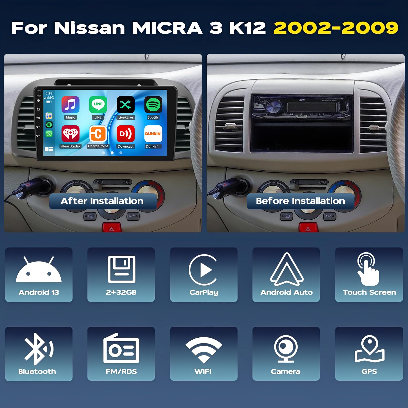 2 + 32 G Android 13 Autoradio per Nissan Micra 3 K12 2002 – 2009 con CarPlay Android Auto 9 pollici Navigazione GPS Auto Radio Display con Bluetooth WiFi SWC + Telecamera posteriore AHD