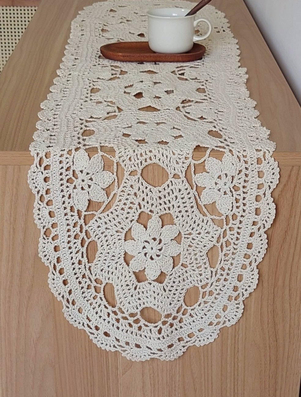 Hand Crochet Lace Table Runner Dresser Scarf for Furniture (12" x 56")