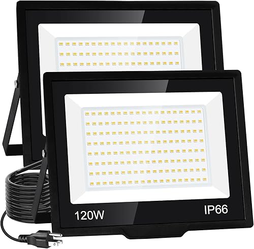Paquete de 2 focos LED de 120 W para exteriores, reflectores de 14400 lm con enchufe, luces de seguridad impermeables IP66, luces de trabajo LED