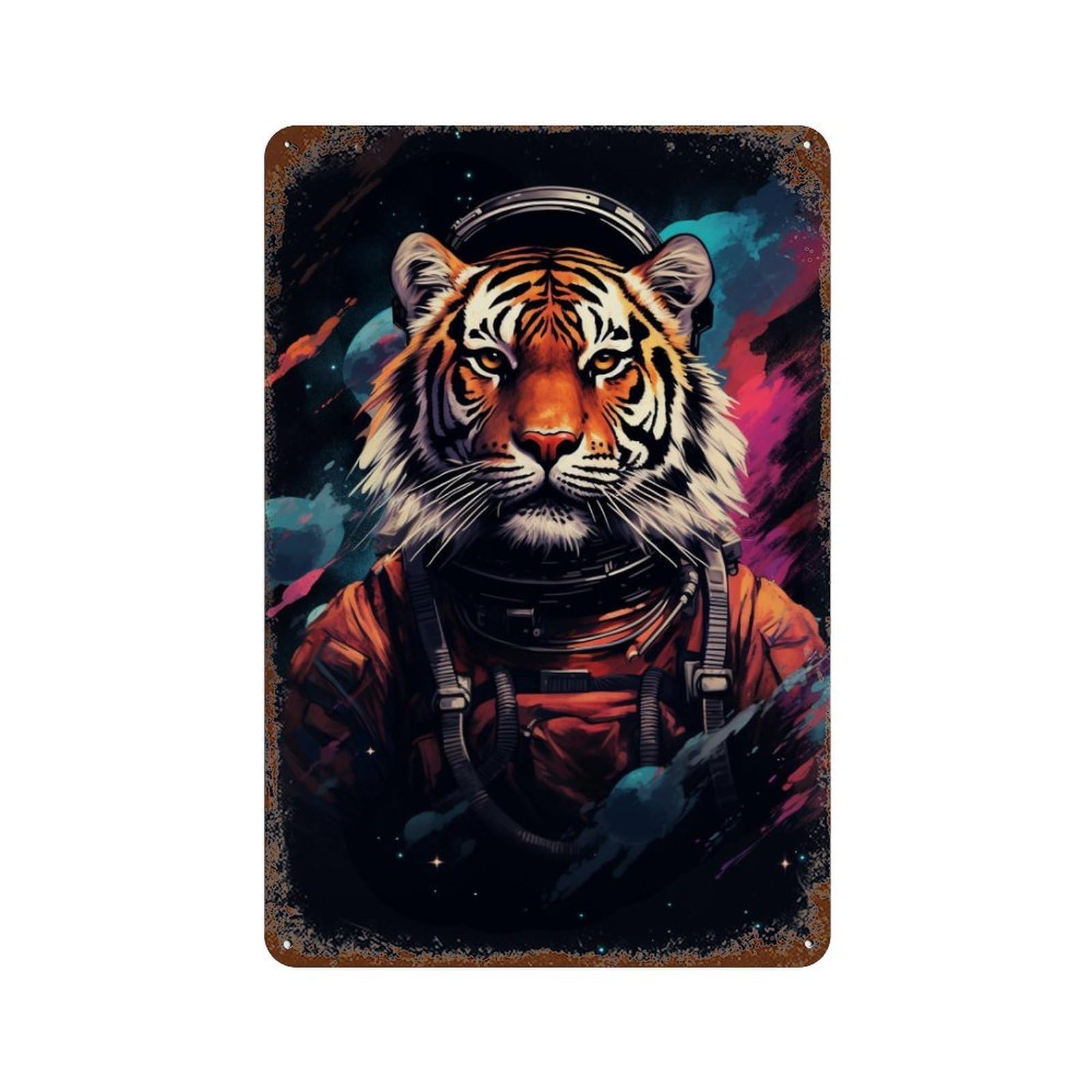 Garage Style Tiger Astronaut Space Art Print-3 Distressed Metal Wall Sign 11.8"x7.9", Rustic Home Decor for Bar And Workshop
