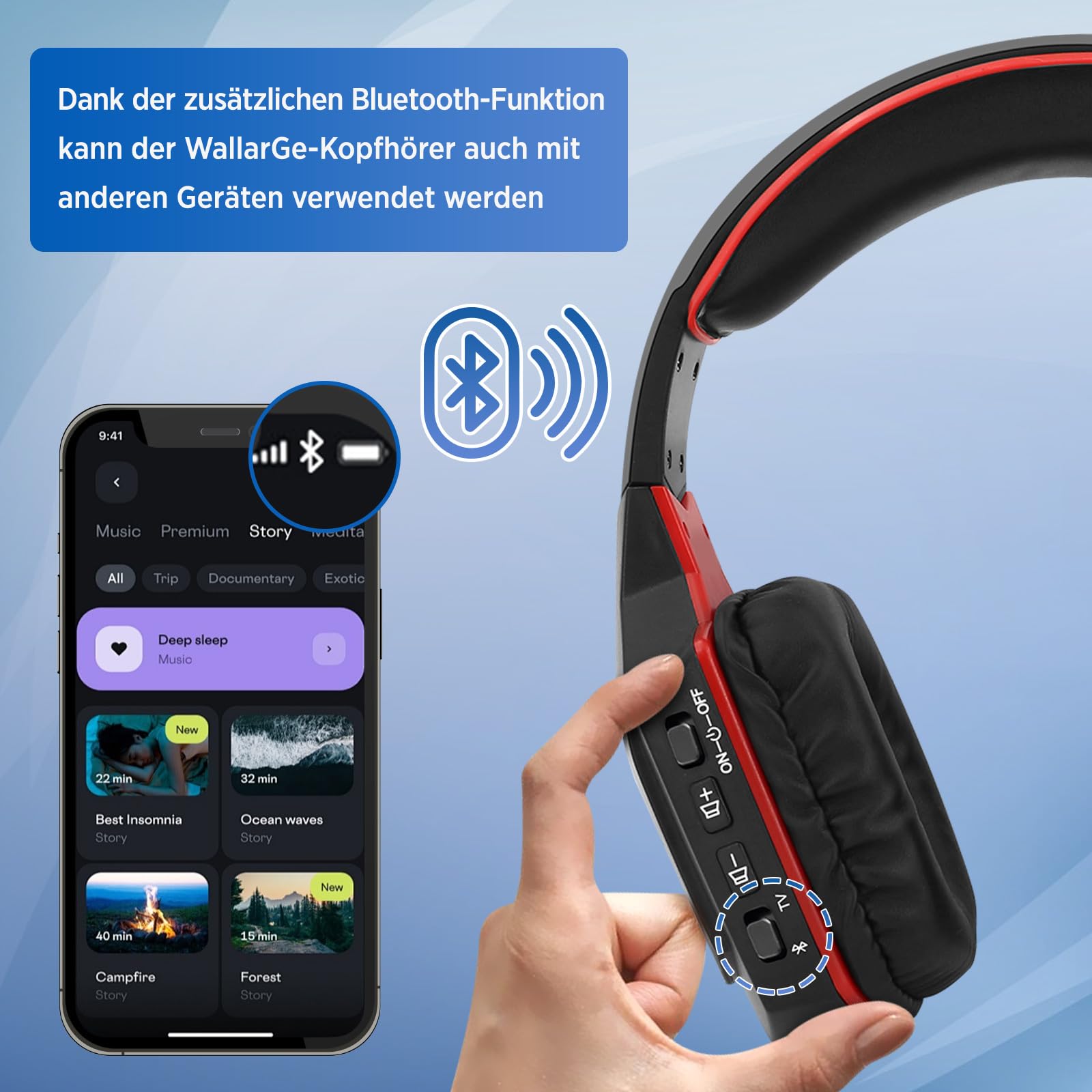 WallarGe Funkkopfhörer für Fernseher/TV, Over-Ear kabellose kopfhörer mit RF Digitales Ladestation mit Reichweite 33 m für Fernseher HiFi, Sender mit Optisches und Aux Port (Schwarz & Rot)