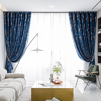 72 Blackout Curtains for Bedroom, 34W x 72L Navy Blue Elegant Pattern Room Darkening Eyelets Thermal Insulated Window Curtain for Bedroom Living Room