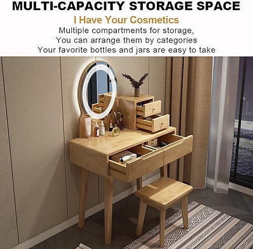 Miniatura 5 de Escritorio de tocador con espejo, juego de mesa de maquillaje con taburete acolchado y cajón, mesa de cosméticos, tocador de maquillaje pequeño para