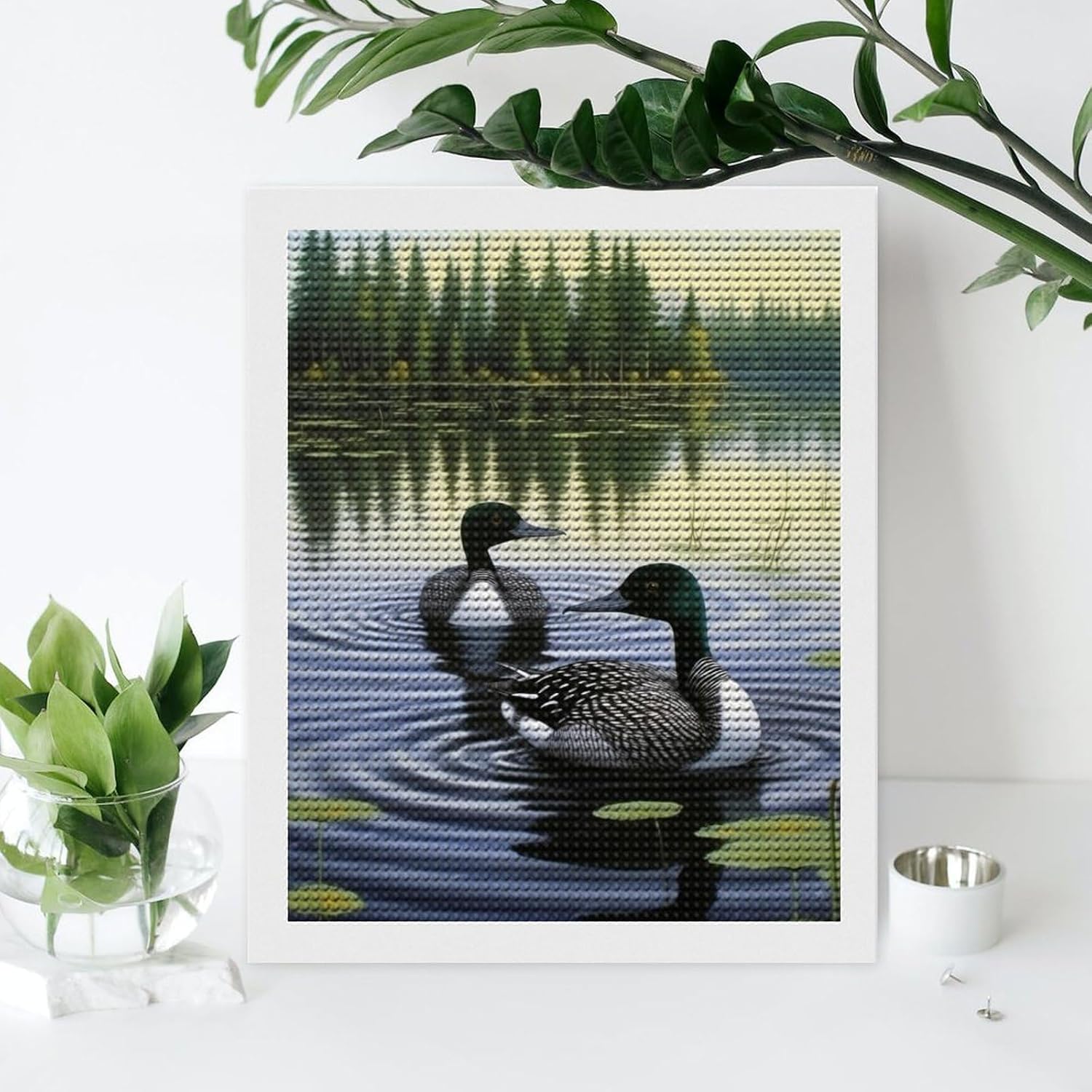 TEERMLLQWA Loons Swimming Lake Lily Pads Diamond Art Painting Art Paint by Numbers 5D Diamond Art Kits DIY Diamond Art Painting for Home Office Wall Decor 16"x20"
