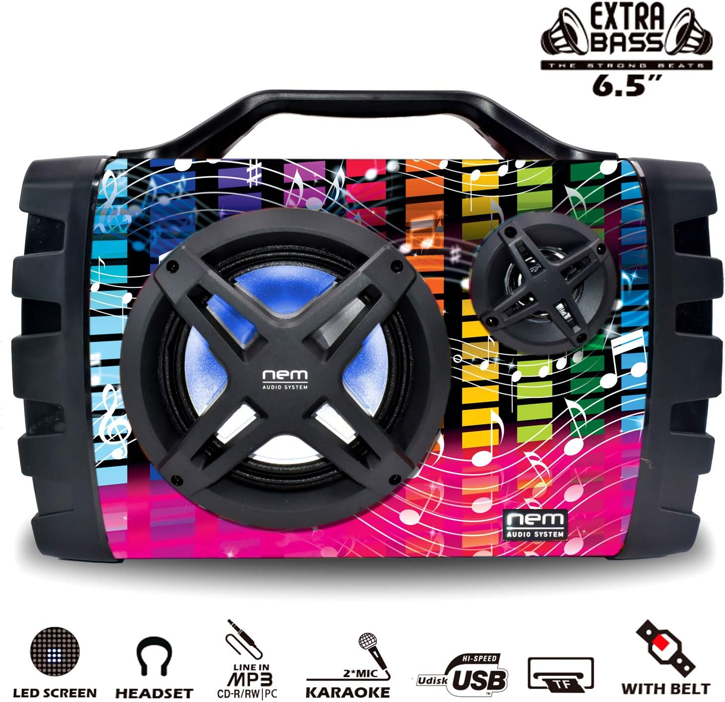 NEM Mobi7e Portable Wireless Bluetooth High Performance Stereo Speaker Extra Bass, USB Recording, Rechargeable Battery, AUX and TF Card Input, FM Radio, MP3, Mic and Guitar Input, LED Light (Music)