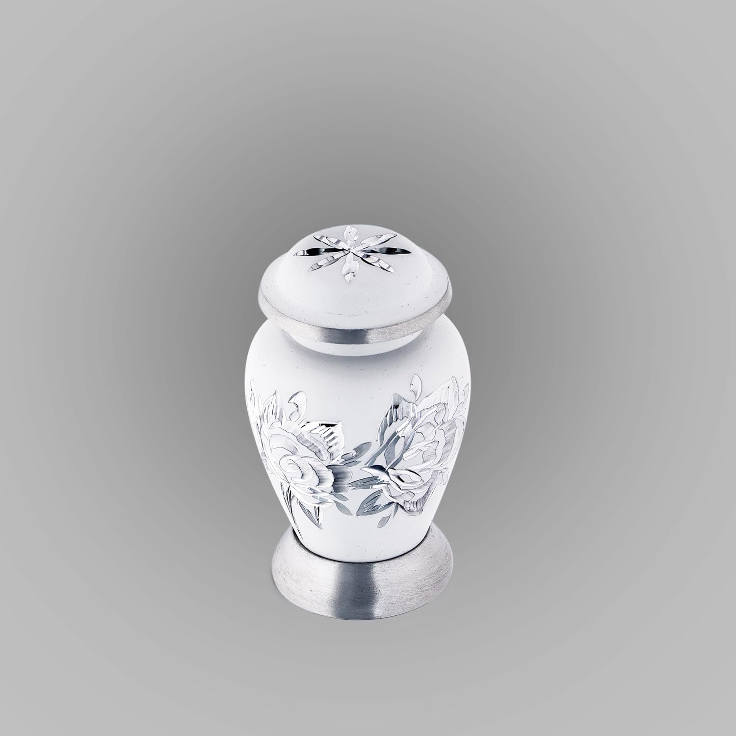 White Matte Roses Engraved Small Urn for Ashes - 3" Height and can accomodate 3 Cubic inches only - with Beautiful Cap and Base