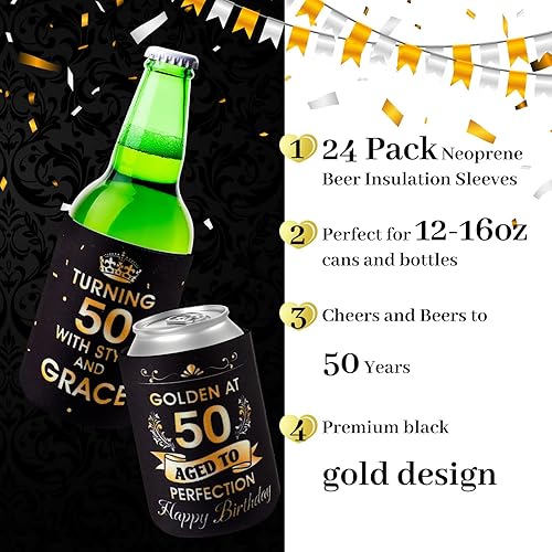 Miniatura 3 de 24 piezas de decoraciones doradas de cumpleaños número 50, recuerdos de fiesta de cumpleaños 50, fundas enfriadoras que giran 50 años con estilo y
