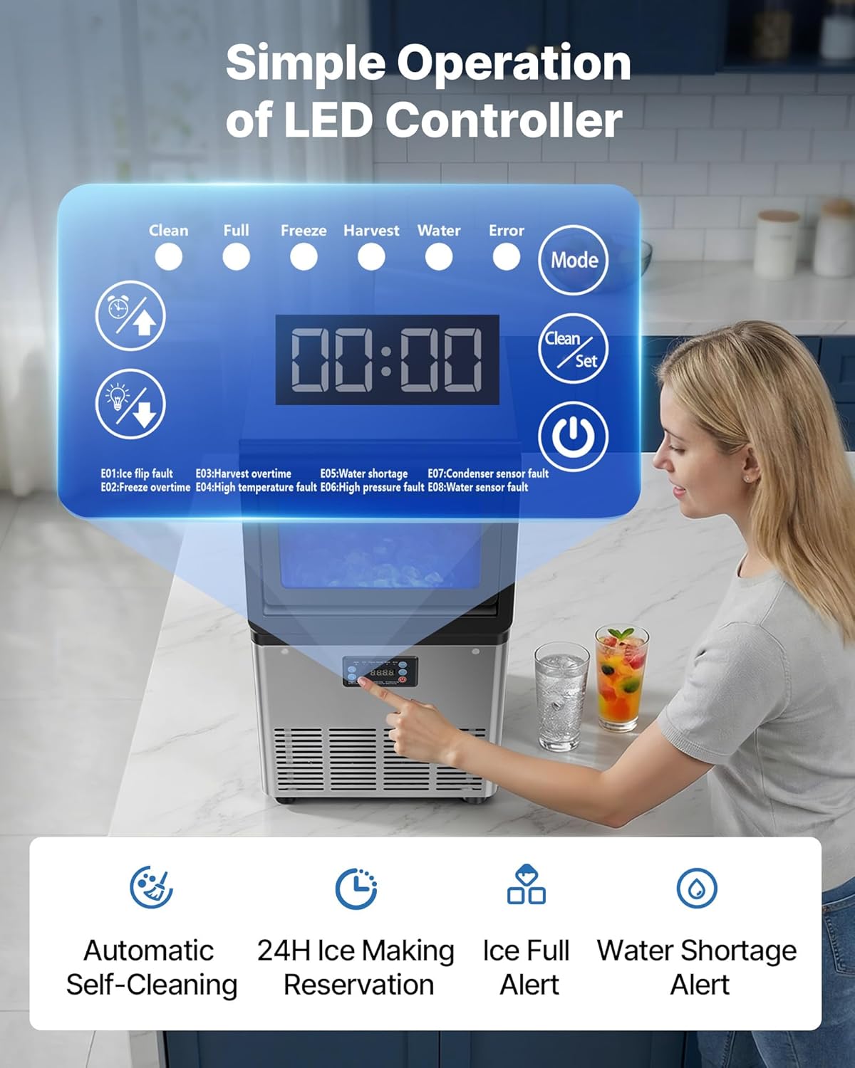 Image of VEVOR Commercial Ice Maker Machine, 90 lbs /24h with 6.8-13 lbs Storage Capacity, Countertop /Freestanding /Under Counter, Stainless Steel Ice Maker with LED Display & Self-Cleaning, Home Bar Restaurant