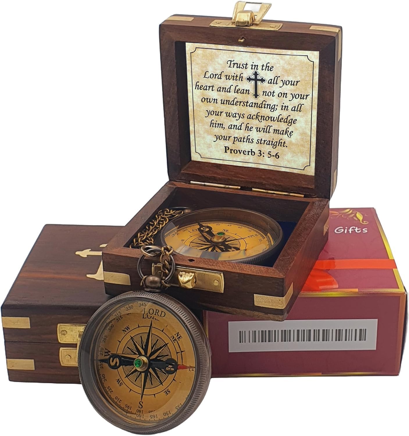 Be Strong Compass, Trust in The Lord with All Your Heart - Proverbs 3:5-6 Quote Engraved Compass with Wooden Box, Greeting Card, Gift Compass, Graduation Day Gifts 2026