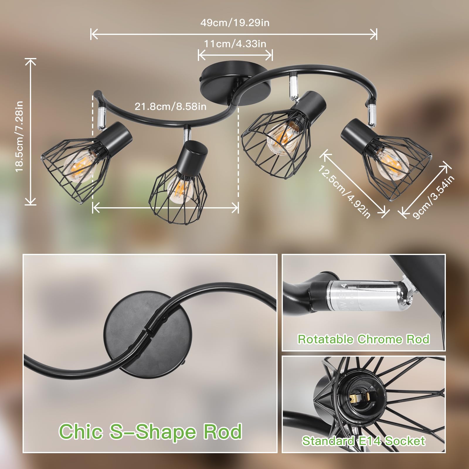 Kimjo Led plafondspot 4 vlammen rond hout draaibaar, plafondlamp spot
