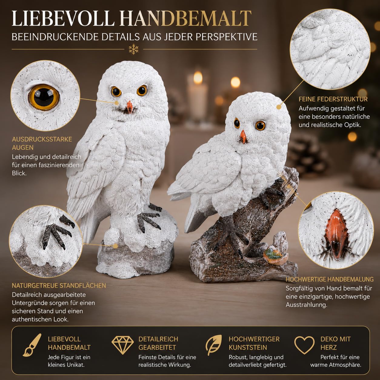 Unbekannt Bollweg Formano Deko Eule sort. 1 von 2 Weiss handgefertigte antikfarben Kunststein-Figur mit geeister, reliefierter Oberfläche