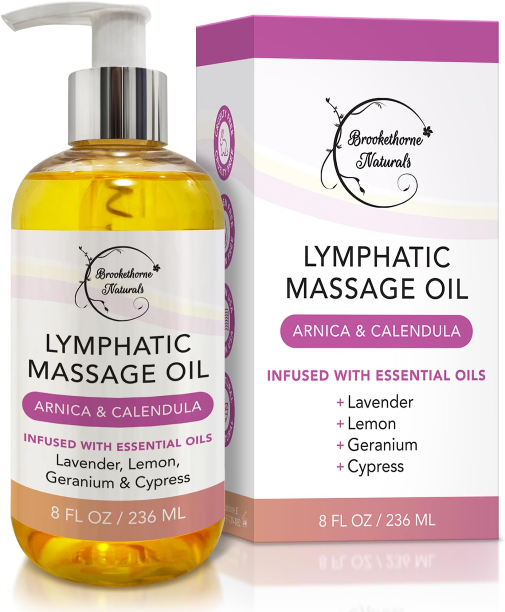 Lymphatic Massage Oil for Massage Therapy & Natural Lymphatic Drainage | Premium Quality with Arnica & Lavender Oil | for Post Surgery Recovery & Detox | 8oz by Brookethorne Naturals