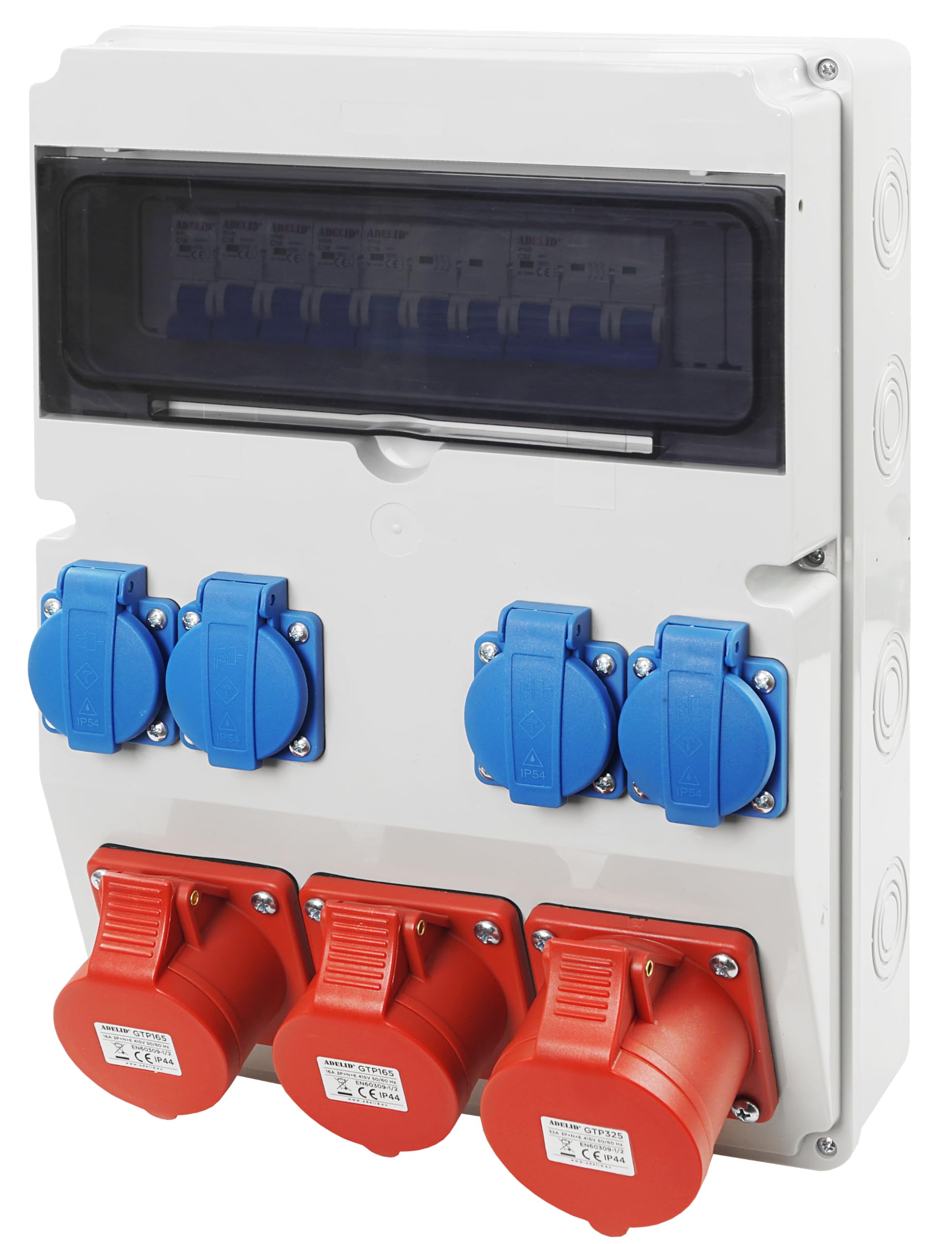 Baustromverteiler Wandverteiler CEE 32A 2x16A 4x230V Schuko Steckdose Komplett Verdrahtet mit LS-Schalter IP44 Adelid