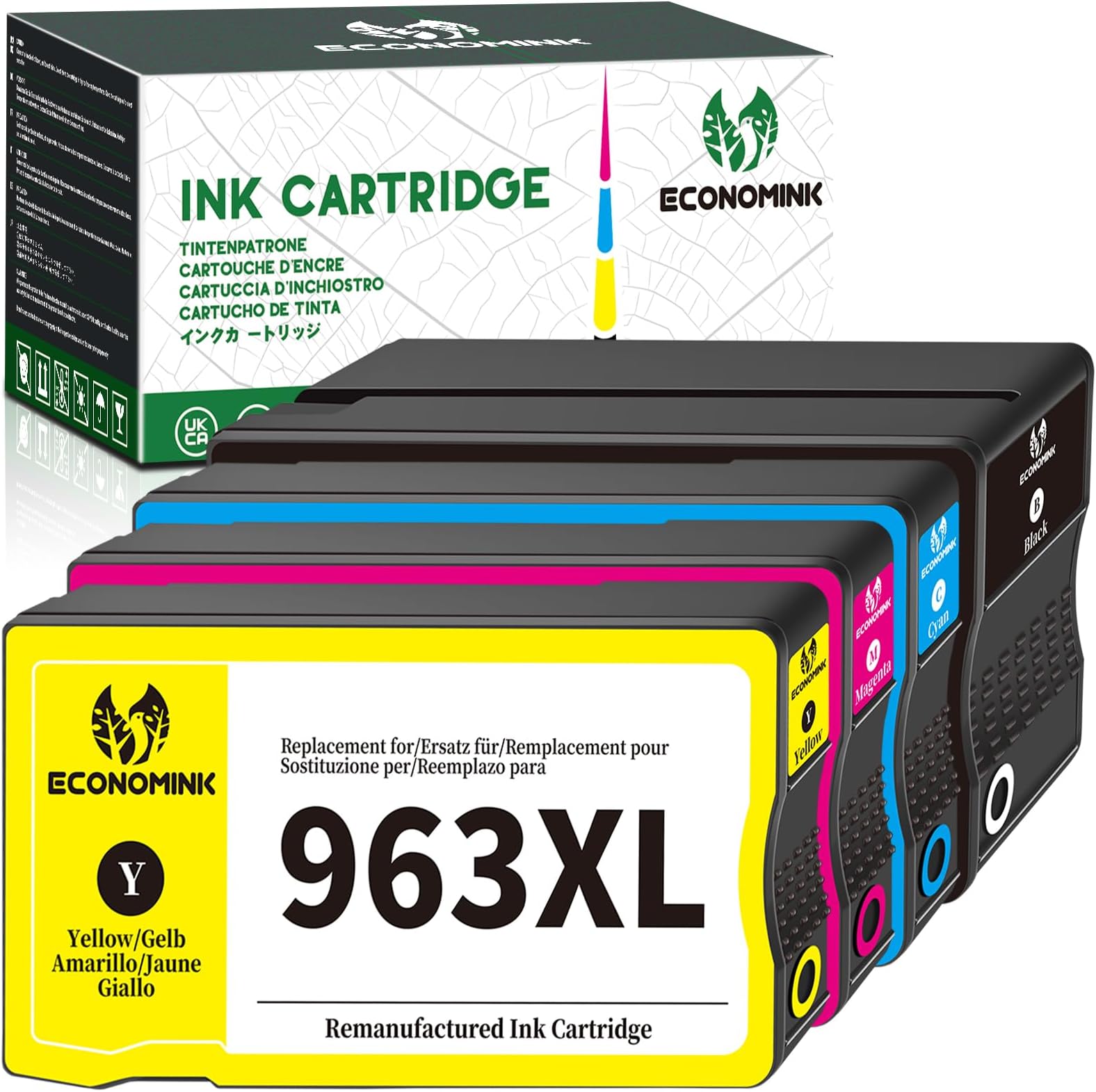 Economink 963XL Pack of 4 Replacement Ink Cartridges for HP 963 XL for OfficeJet Pro 9010 9010e 9012 9014e 9015 9016 9018e 9019 9020 9022 9025e (1 Black, 1 Yellow, 1 Cyan 1 Magenta)