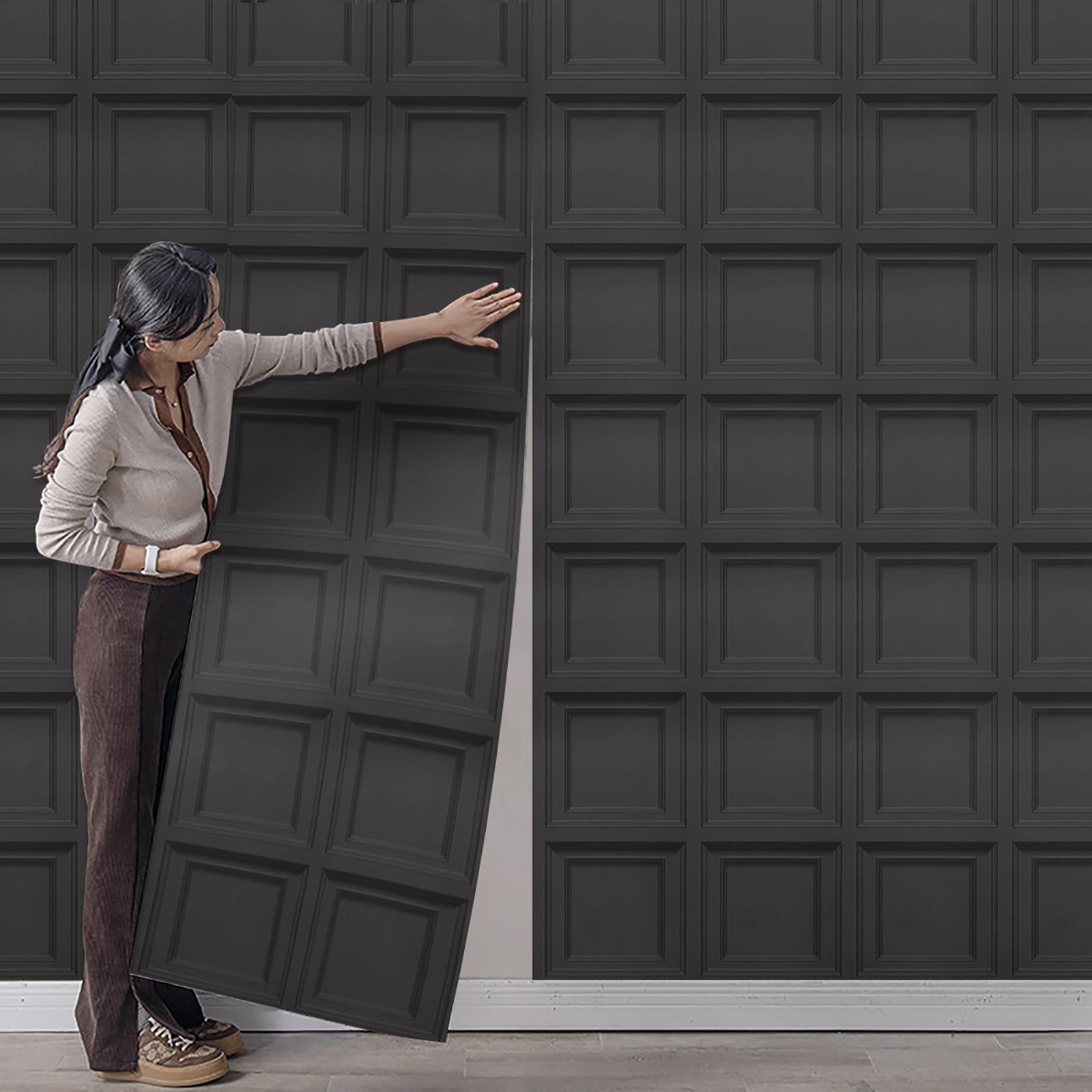 Anttyscar Black Cream Panel Wallpaper 3D Effect Textured Wood Panel Wallpaper Square Panelled Wallcovering for Living Room Bedroom Feature Wall