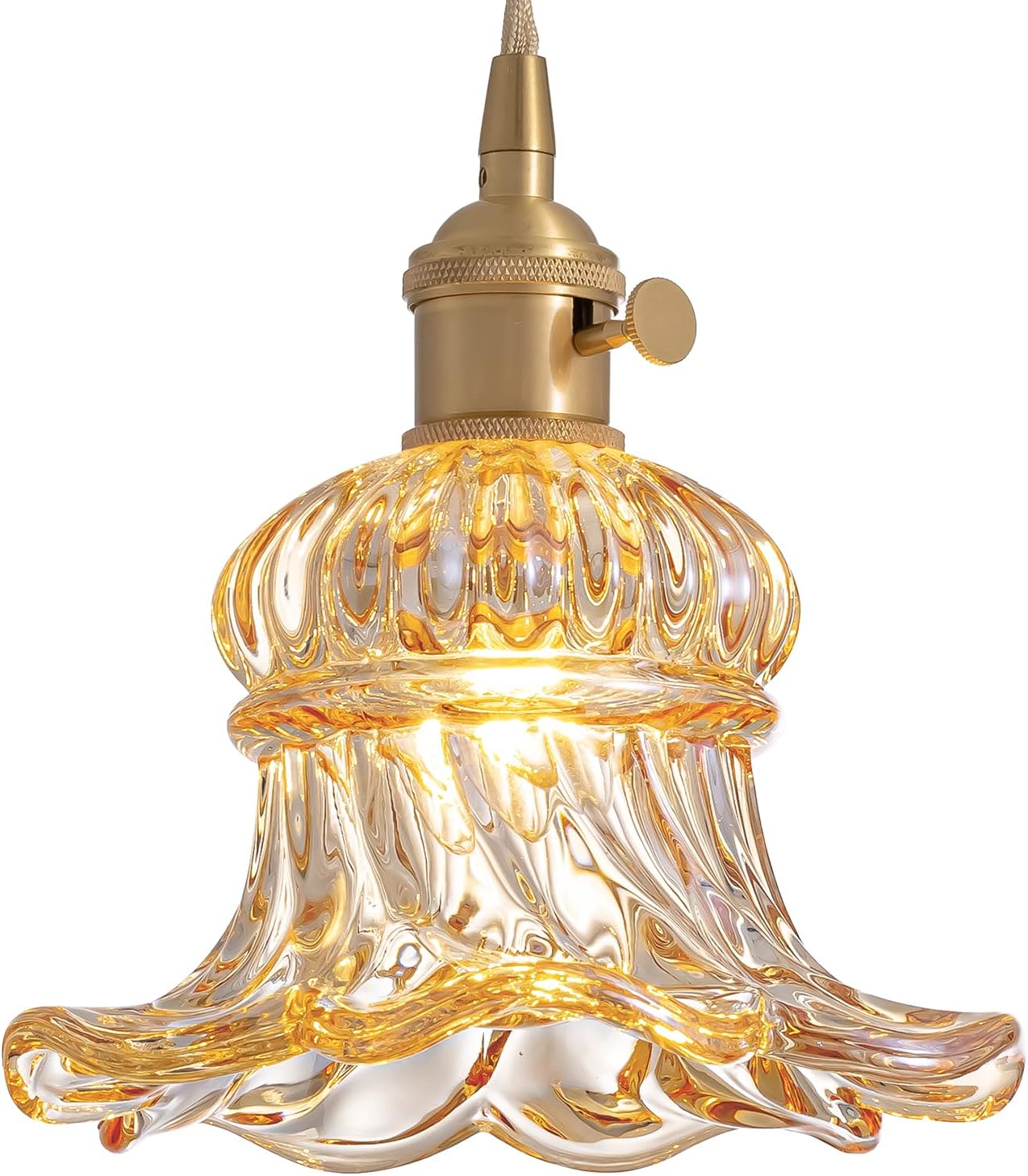 ZAUKNYA Pendant Lights Kitchen Island, Amber Flower Glass Pendant Lighting, Gold Brass Vintage Adjustable Small Hanging Light Fixture for Kitchen Island Dining Room Bedroom Hallway (Amber)