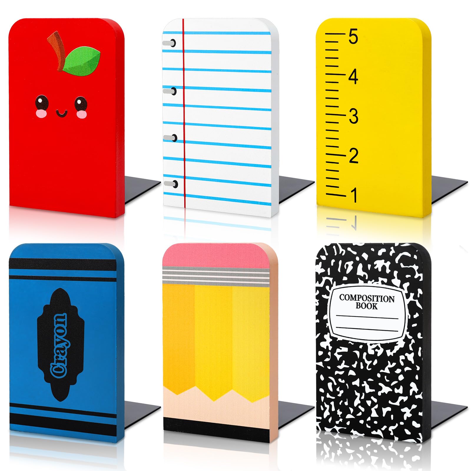 AnyDesign 6 fermalibri in legno antiscivolo per il rientro a scuola, fermalibri per composizione, matite, pastelli, mele, supporti per libri pesanti, casa, ufficio, scuola, biblioteca