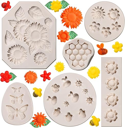 Molde de silicona para chocolate, 6 piezas, diseño de girasol, molde de silicona en relieve 3D, diseño de mariposa de panal de abeja de silicona