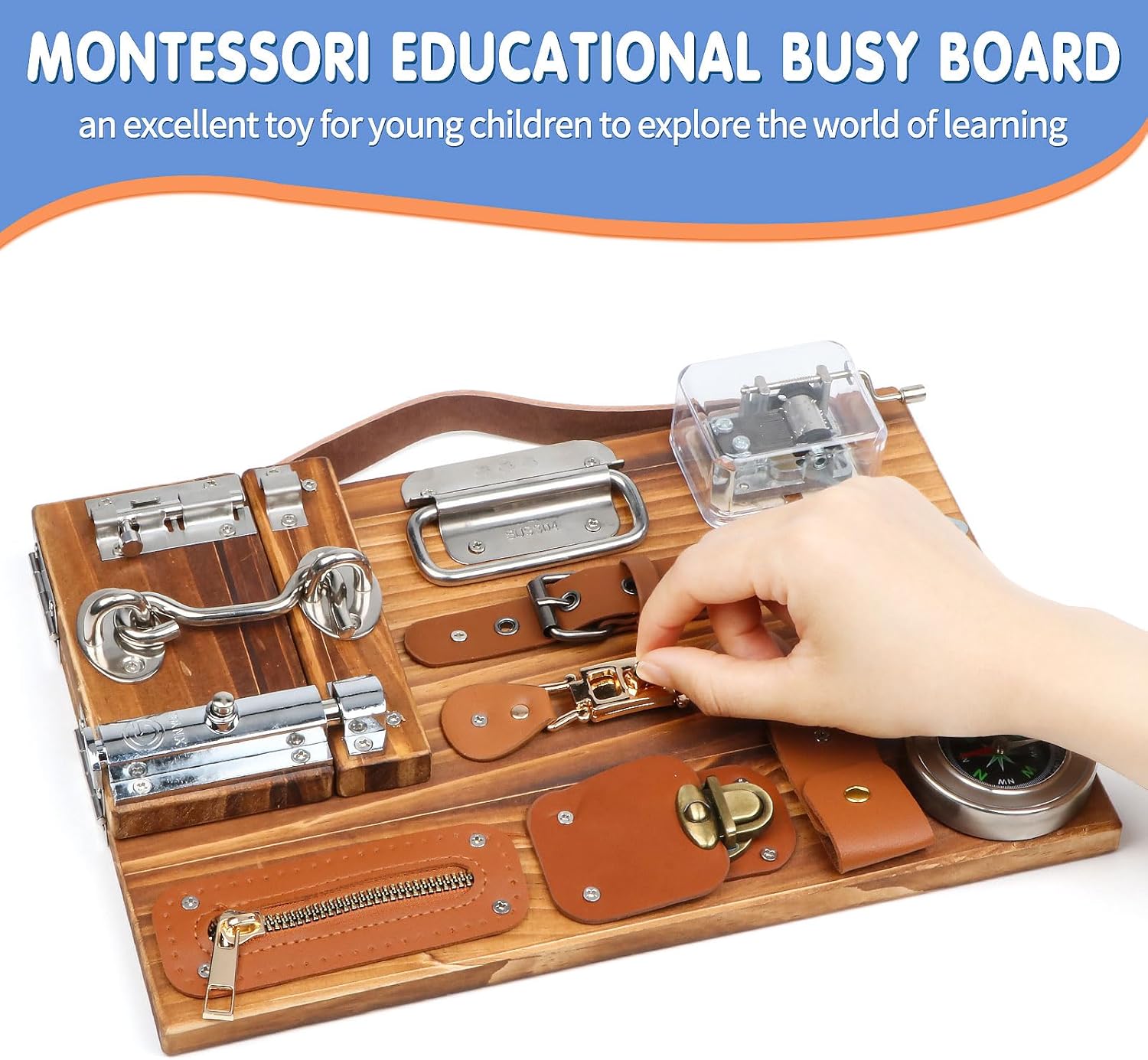 Busy Board for Toddlers, Travel Toy Fidget Board Activity Board for Fine Motor Skills, Wooden Busy Board Toys for 3 Years Old Boys & Girls with Switch, Locks, Music Box... - Image 7