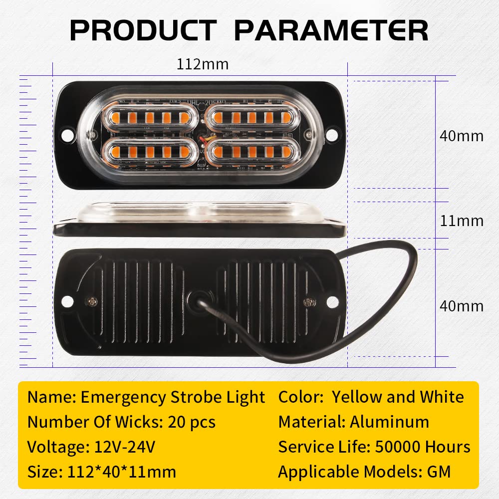4x20 LED Lampeggiante Giallo&Bianco Polizia Lampada Lampeggiante Di Emergenza Con 18 Modalità Stroboscopiche Polizia Auto LED Luce Con Telecomando Wireless Per Auto Camion Trattori 12-24V