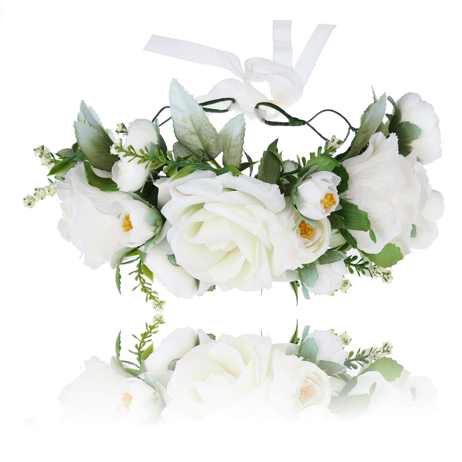 AWAYTR Corona de diademas de flores para mujeres y niñas - Guirnalda de guirnalda de flores hecha a mano con cinta para el banquete de boda del festival (Blanco crema)