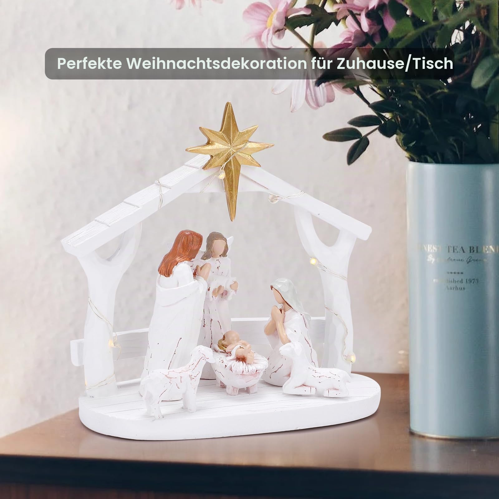 Weihnachtskrippen-Set für Weihnachten im Innenbereich mit LED-Lichtern, Krippe und Figuren - Weihnachtsdekoration