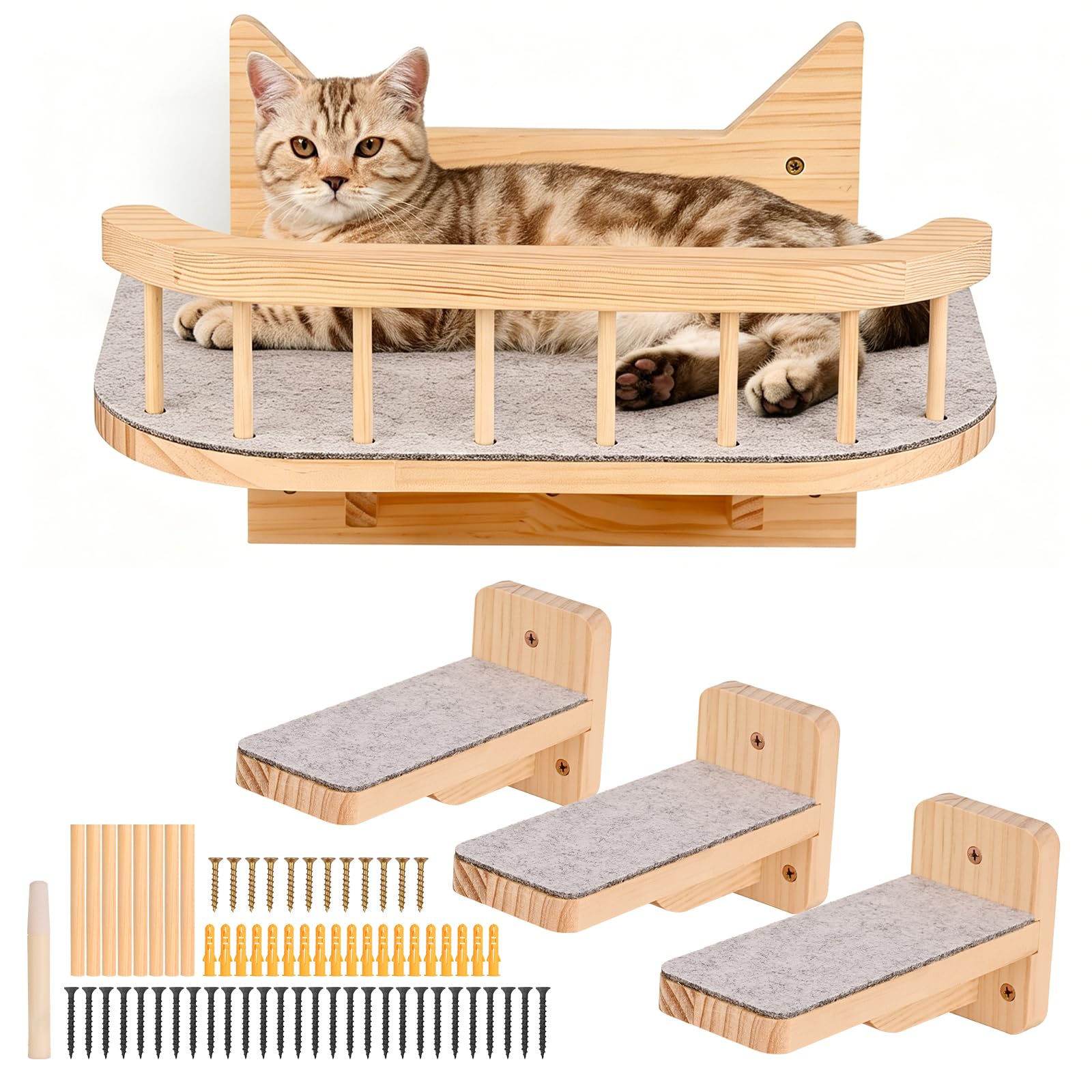 Mensole da Parete per Gatti Con 3 Gradini, Percorso Gatti Muro Arrampicata, Scalini Percorsi per Gatto Scala Scaletta da Parete in Legno Interno per Dormire, Giocare, Saltare e Riposare