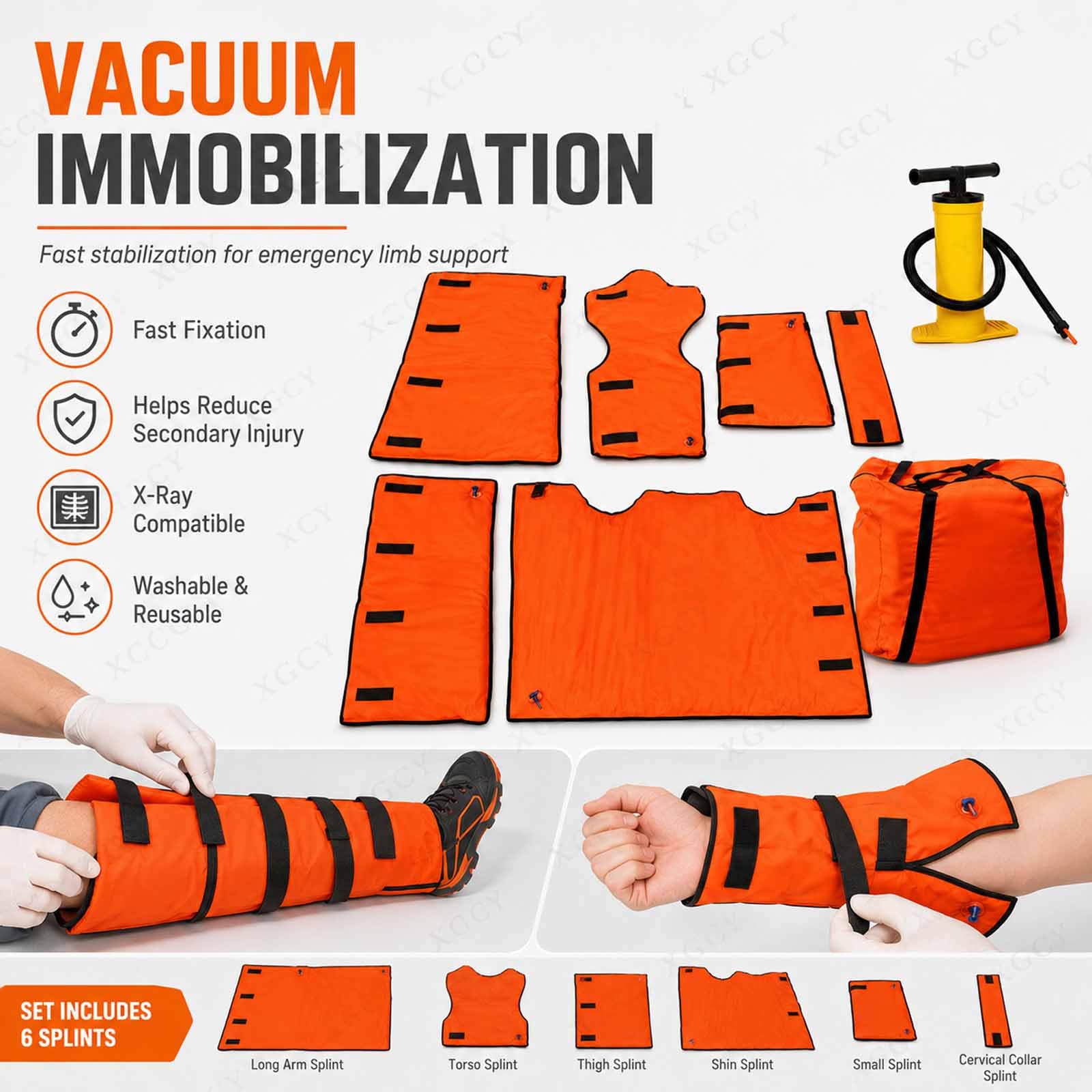 Juego Portátil De Férulas Neumáticas De Primeros Auxilios, Férula De Inmovilización De Emergencia para Fracturas Óseas con Bomba, 7 Férulas De Vacío con Bolsa para Extremidades Y Cuerpo