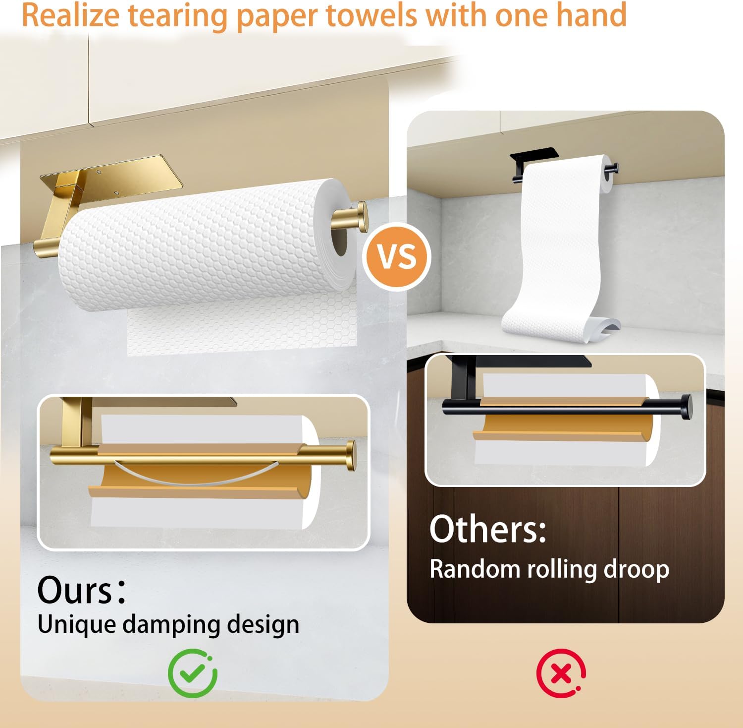 Paper Towel Holder Under Cabinet, Single Hand Operable Tearing Off Paper Towels with Damping Effect, Both Available in Adhesive and Screws, Stainless Steel (Gold) thumbnail