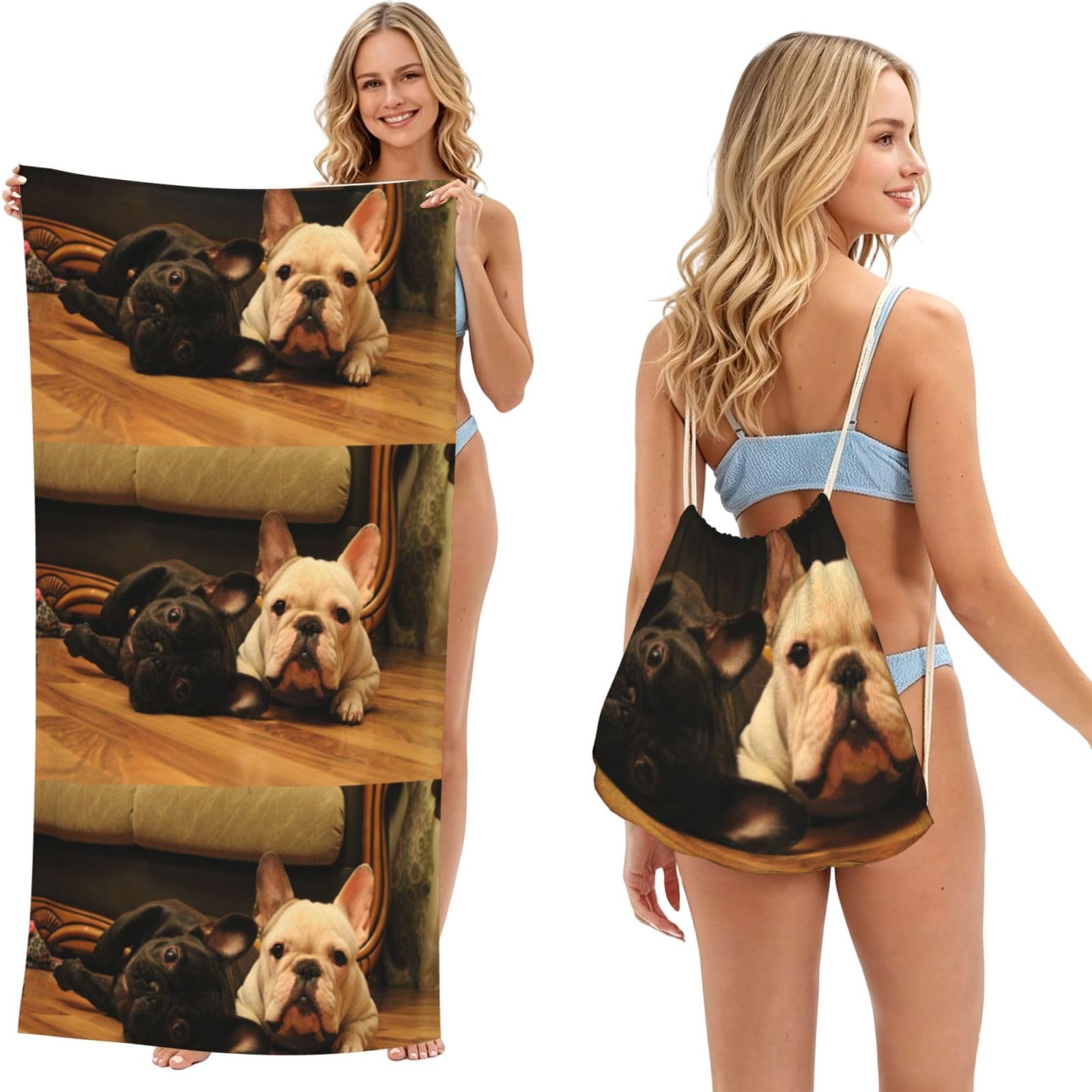 Poadnly As Picture French Bulldog, 2 In 1 Packable Towel Bag, Beach Towels With Drawstring Backpack For Travel Holiday Camping