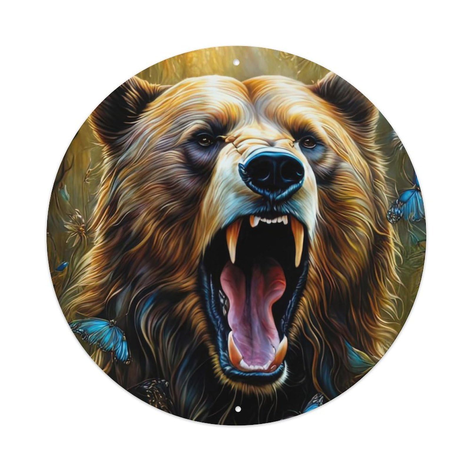 Wildlife Artwork Roaring Brown Bear Vintage Metal Tin Sign Plaque Wall Decor for Cafe, Club Bar, Office, Garden Metal Poster 8x8Inch