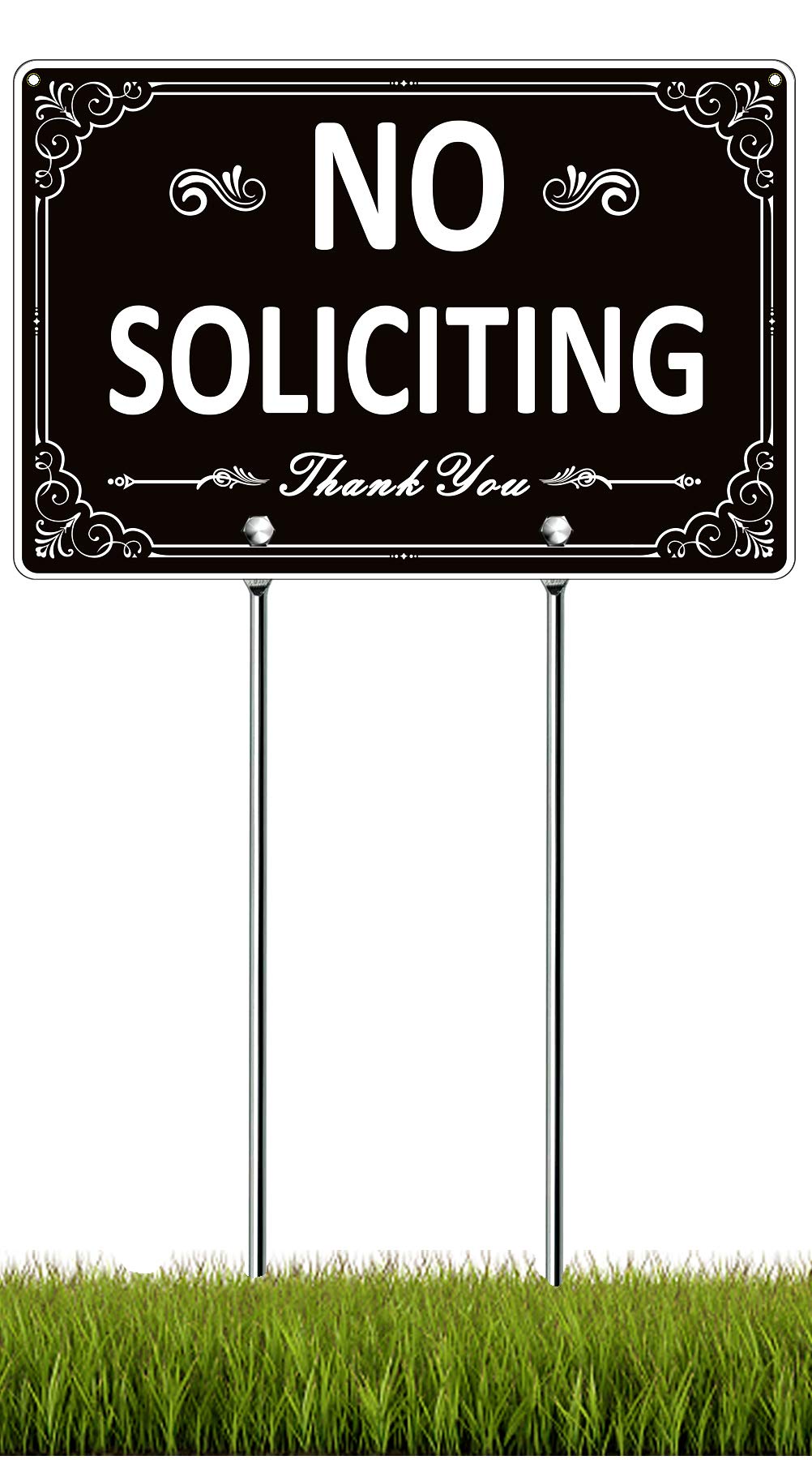 No Soliciting Sign for Yard with Stake, All Metal Construction, No Soliciting Sign with Posts for House Lawn Home, 11.8"x 7.9" Aluminum Outdoor Yard Sign, 15.7" Tall Stake & Kits Included