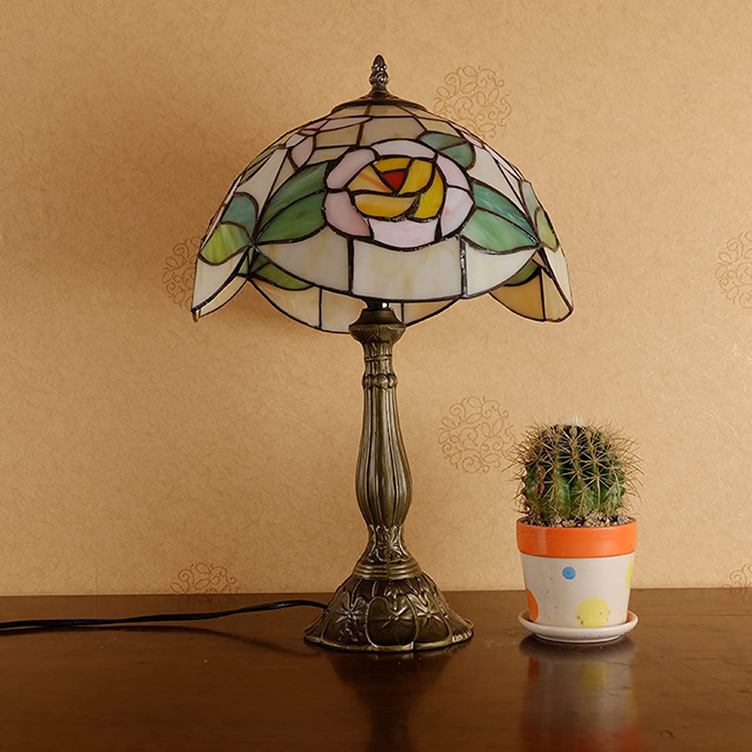 Tiffany Tiffany Table Table Lampa 12 -Calowa Różowa Różowa Vitrail Retro Lampa Pasterska Biuro Do Badań Barowych Oświetlenie