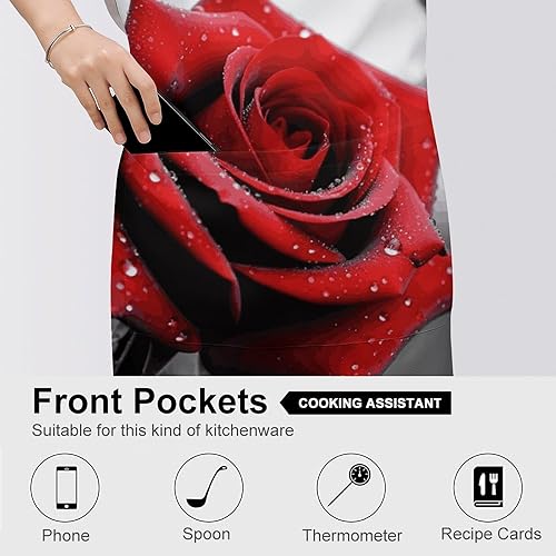 Miniatura 5 de MUSM Black And White Red Rose ApronClassic Vintage Funny with Pockets Aprons,Adjustable Bib Waterdrop Resistant for Kitchen Cooking Restaurant BBQ