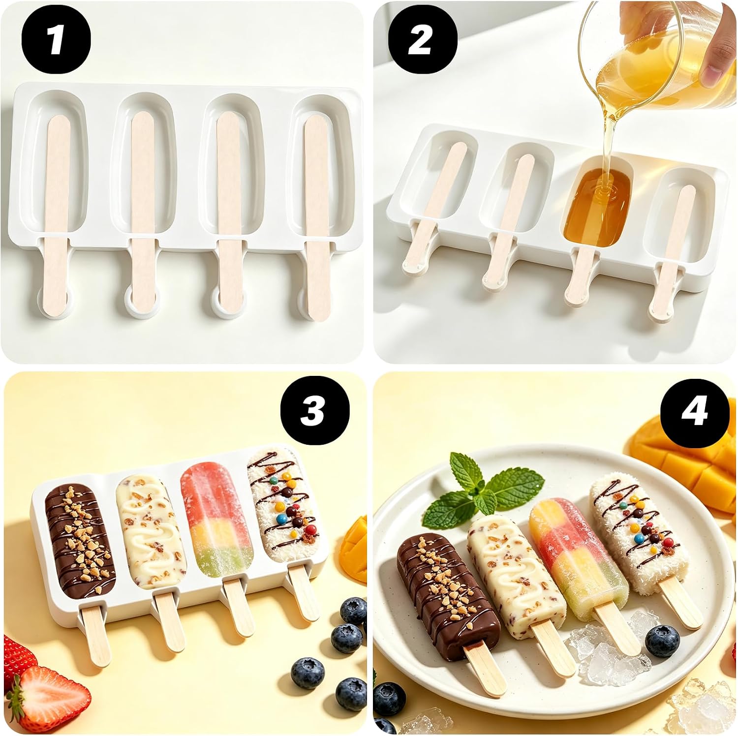 Silicone Popsicle Molds, 2 Pcs White Popsicles Molds, 4 Cavities Ice Cream Mold with 50 Wooden Sticks for Making Cakesicles Fudgesicle Candy DIY Cake Ice Pop Summer Party Supplies