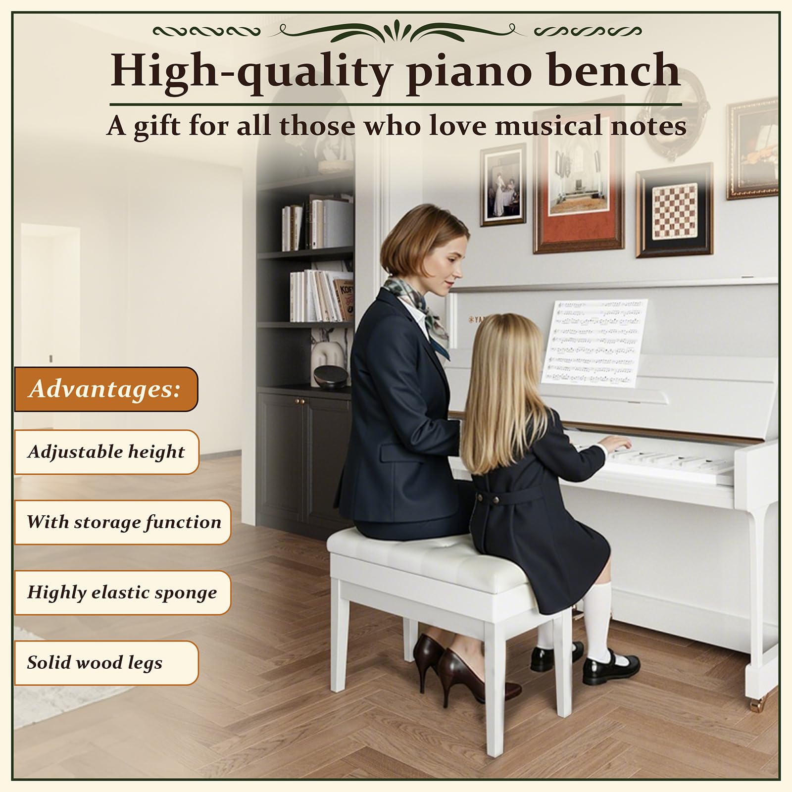 Clevich Sgabello per pianoforte, regolabile in altezza, 48 – 58 cm, con vano portaoggetti, panca per pianoforte con cuscino in pelle PU, sedia per pianoforte, resistente, portata fino a 200 kg, Bianco