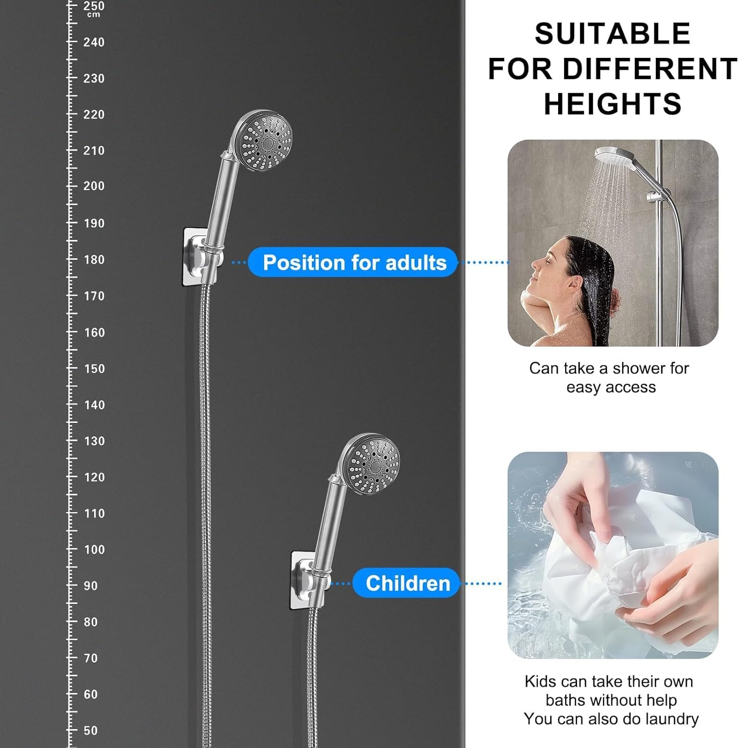 2Pcs Strong Adjustable Shower Head Holder Adhesive- Wall Mounted Heavy Duty Shower Head Shelf Bracket, Plastic Bracket Stick on Wall, ABS- Shower Holder, Convenient for Womon and Child(Matte Black)