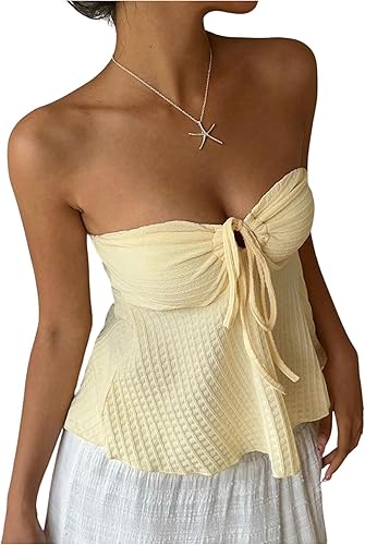 SOLY HUX Top de tubo asimétrico sin tirantes con ribete de volantes para mujer