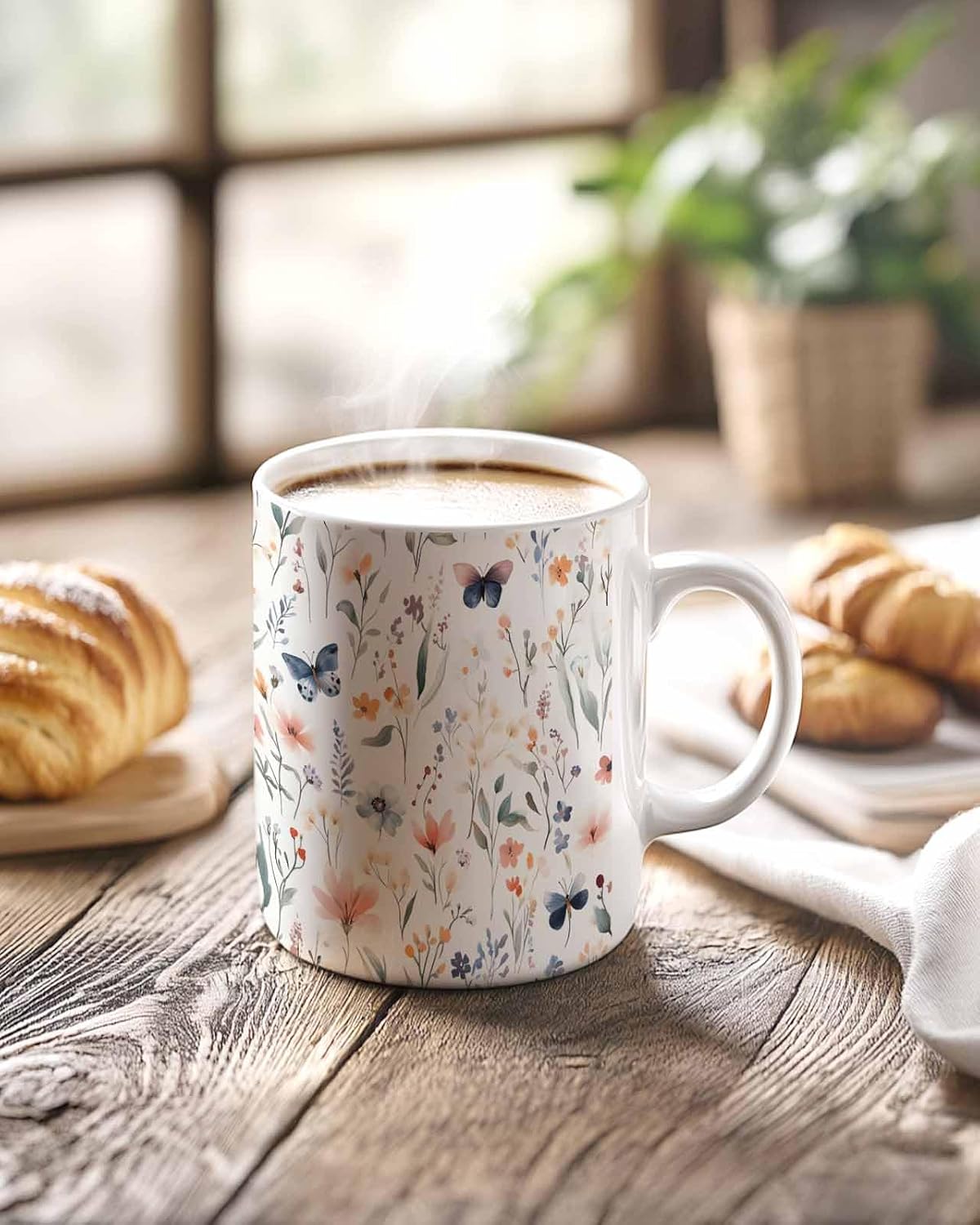 BEMIGO Ceramic Coffee Mug Elegant Flower Ceramic Mug White Cup, Watercolor Plant Spring Country Insulated Coffee Cup with Handle with Pattern Perfect for Tea and Hot Beverages, 12oz