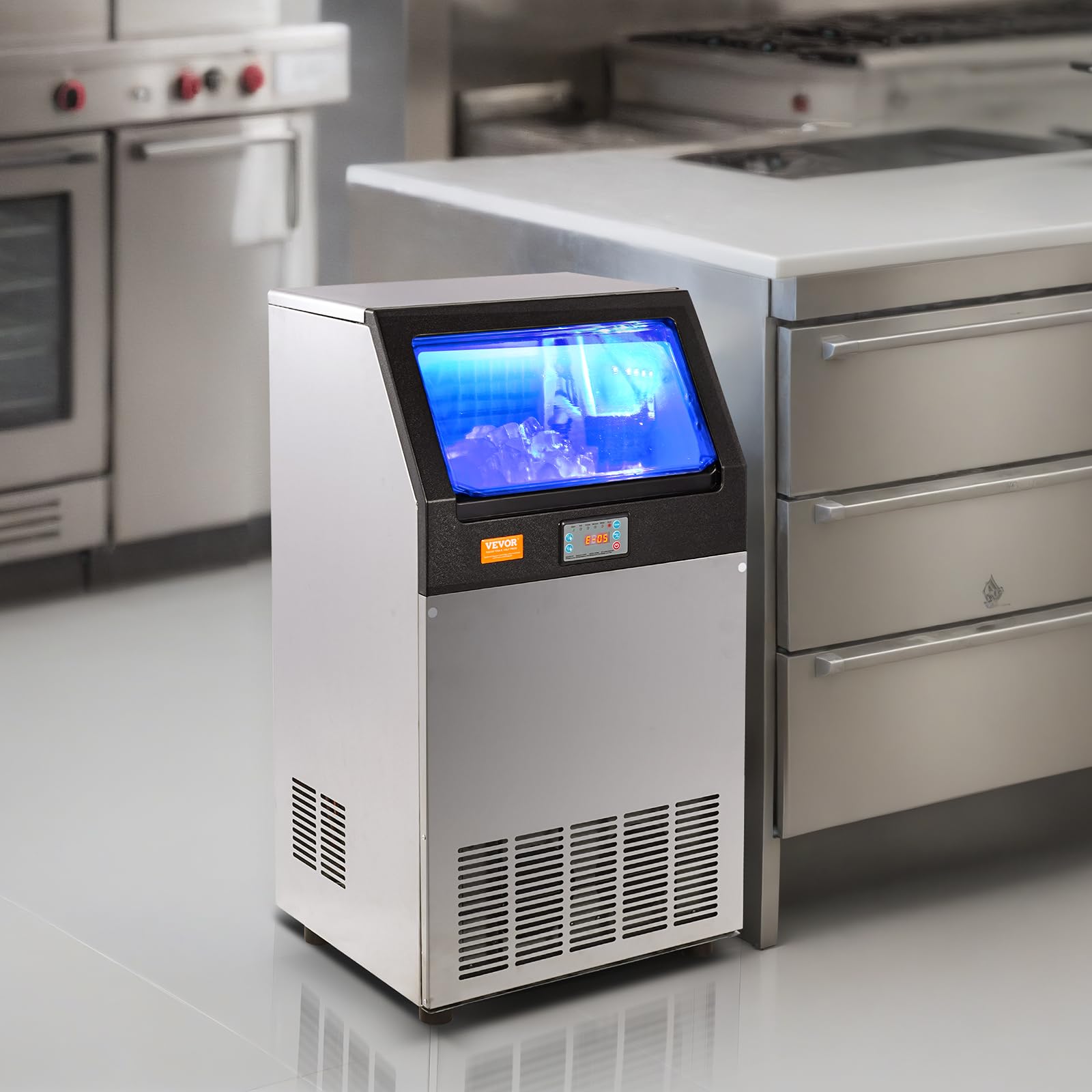 VEVOR Kommerzieller Eisbereiter 45 kg/24 h Eiswürfelmaschine 55 Eiswürfel in 12–15 Minuten Freistehender Schrank-Eisbereiter 15 kg Speicherkapazität LED-Digitalanzeige Silber