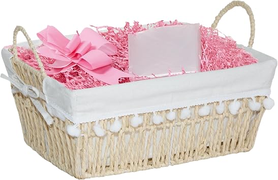 Wickerfield Gift Hamper Basket Kit with Shredded Paper, Make Your Own Gift Hamper, Woven Wicker Basket with Lining, Paper Rope and Seagrass Baskets with Handle Paper Rope Basket, Pink Filling