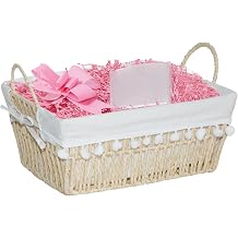 Wickerfield Gift Hamper Basket Kit with Shredded Paper, Make Your Own Gift Hamper, Woven Wicker Basket with Lining, Paper Rope and Seagrass Baskets with Handle Paper Rope Basket, Pink Filling