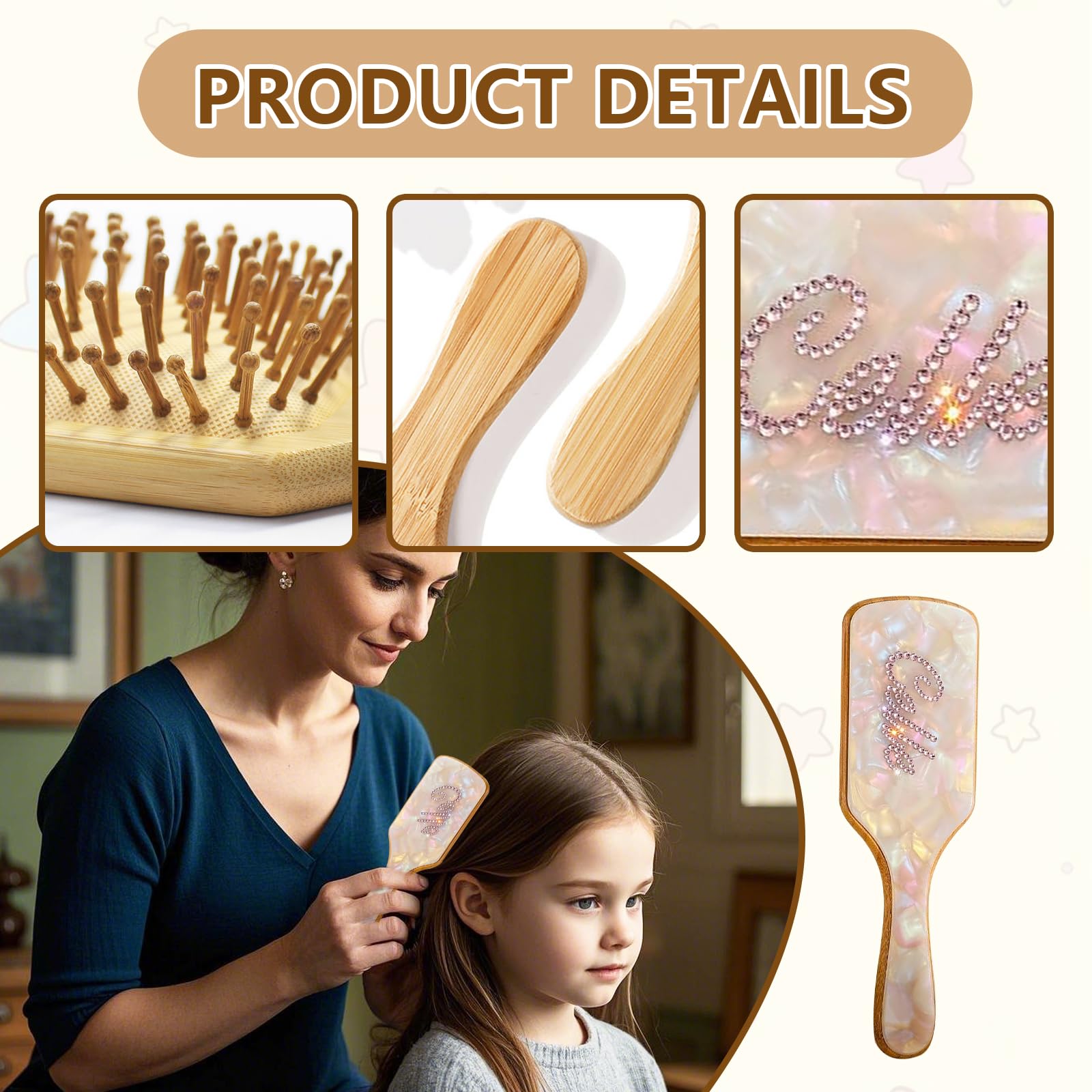 Cepillo de pelo personalizado con nombre de diamantes de imitación, cepillo de madera de bambú personalizado para mujeres, hombres y niños, para cabello fino y largo rizado, salud y masaje del cuero