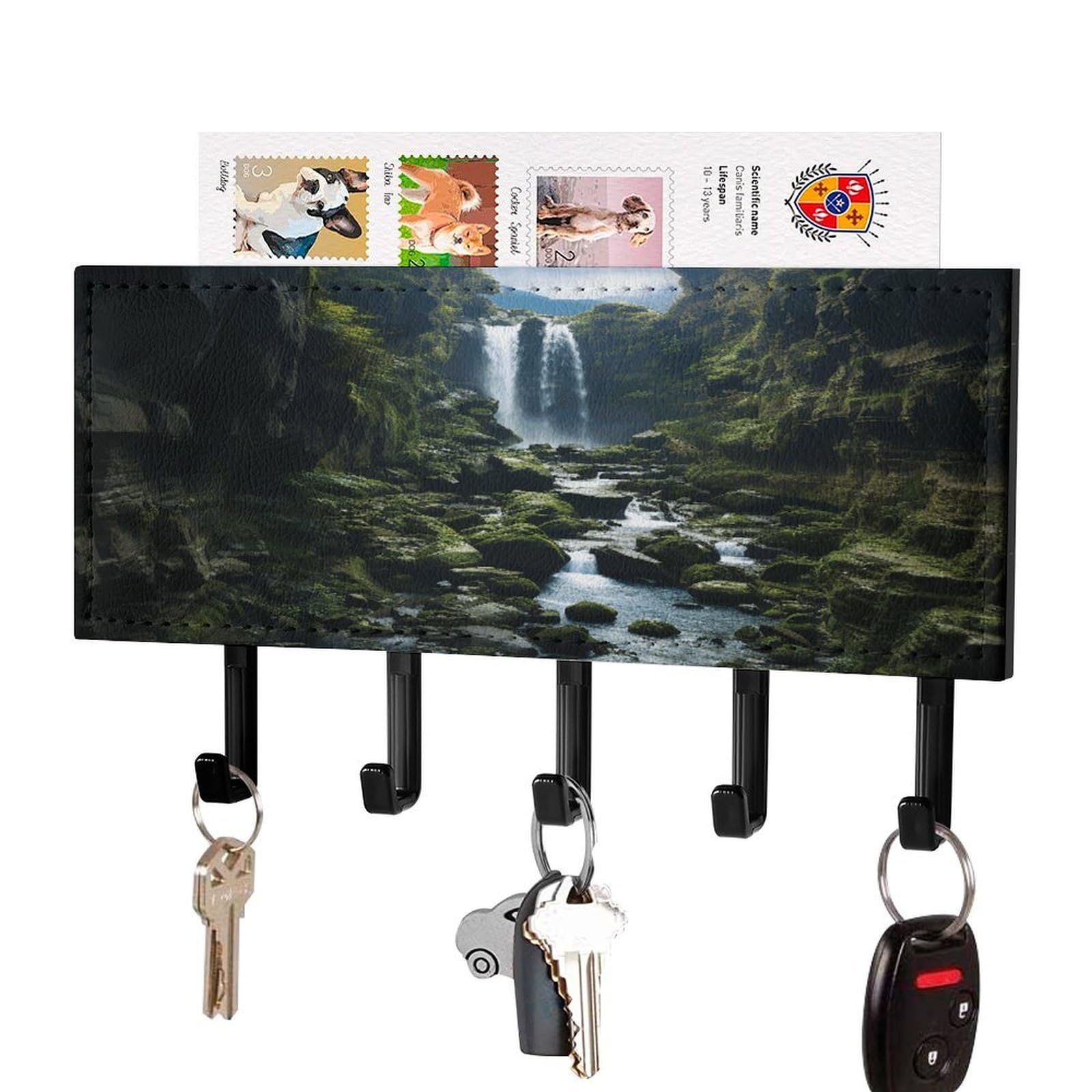 Vstadank Black-Style Waterfall Cliff Key Holder For Wall Decorative Mail Organizer Wall Mount With 5 Hooks Easy Installation Key Rack Pu Adhesive Keys Rack For Entryway Door Bathroom Kitchen